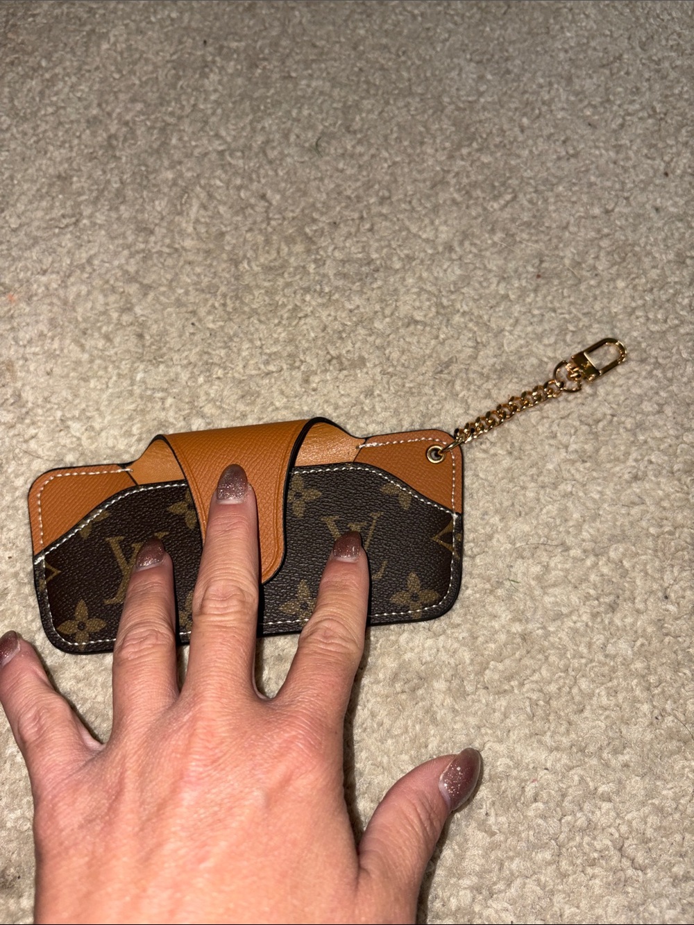 Monogram Brown & Tan Glasses Holder with Gold Chain Clip